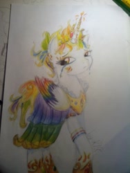 Size: 640x853 | Tagged: safe, artist:kiwwsplash, oc, oc only, alicorn, pony, alicorn oc, clothes, dress, hoof shoes, horn, makeup, multicolored hair, peytral, rainbow hair, solo, traditional art, wings