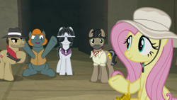 Size: 1920x1080 | Tagged: safe, screencap, biff, doctor caballeron, fluttershy, rogue (g4), withers, earth pony, pegasus, pony, daring doubt, g4, ascot tie, clothes, fedora, female, hat, henchmen, male, mare, necktie, shirt, stallion, sunglasses, truth talisman