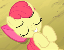 Size: 1057x824 | Tagged: safe, screencap, apple bloom, earth pony, pony, g4, somepony to watch over me, adorabloom, cropped, cute, female, lying on the ground, smiling, solo