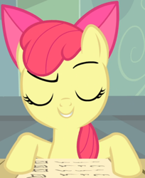 Size: 614x752 | Tagged: safe, screencap, apple bloom, earth pony, pony, g4, somepony to watch over me, adorabloom, cropped, cute, eyes closed, female, list, raised eyebrow, smiling, smirk, smug, solo