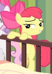 Size: 547x777 | Tagged: safe, screencap, apple bloom, pony, g4, somepony to watch over me, cropped, female, lidded eyes, offscreen character, smiling, smirk, smug, solo