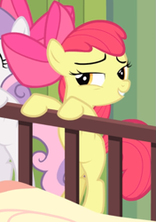 Size: 547x777 | Tagged: safe, screencap, apple bloom, earth pony, pony, g4, somepony to watch over me, cropped, female, lidded eyes, offscreen character, smiling, smirk, smug, solo