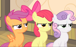 Size: 1396x868 | Tagged: safe, screencap, apple bloom, scootaloo, sweetie belle, g4, somepony to watch over me, cropped, cutie mark crusaders, female, puffed chest, sitting, sweat, tough, trio