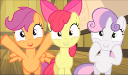 Size: 1590x940 | Tagged: safe, screencap, apple bloom, scootaloo, sweetie belle, g4, somepony to watch over me, adorabloom, cropped, cute, cutealoo, cutie mark crusaders, diasweetes, excited, female, hooves in air, smiling, squishy cheeks, trio