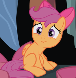 Size: 539x550 | Tagged: safe, screencap, scootaloo, pony, g4, somepony to watch over me, apple bloom's bow, bow, cropped, female, hair bow, nervous, puckered lips, sitting, solo