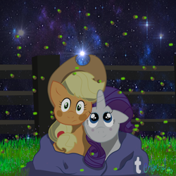 Size: 1280x1280 | Tagged: safe, artist:aeon-arts, applejack, rarity, g4, blanket, cuddling, female, fence, lesbian, night, ship:rarijack, shipping, stars