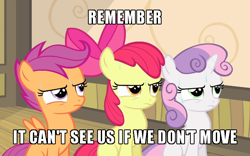Size: 600x375 | Tagged: safe, edit, edited screencap, screencap, apple bloom, scootaloo, sweetie belle, g4, somepony to watch over me, caption, cropped, cutie mark crusaders, image macro, jurassic park, meme, movie reference, puffed chest, sitting, sweat, text, tough, trio