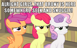Size: 600x375 | Tagged: safe, edit, edited screencap, screencap, apple bloom, scootaloo, sweetie belle, g4, somepony to watch over me, brony, bronybait, caption, cropped, cutie mark crusaders, image macro, meme, puffed chest, sitting, sweat, text, tough, trio