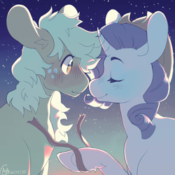 Size: 2000x2000 | Tagged: safe, artist:vanilladewdrop, applejack, rarity, g4, accessory swap, blushing, eyes closed, female, high res, imminent kissing, lesbian, night, ship:rarijack, shipping