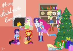 Size: 1080x764 | Tagged: safe, artist:operfield, applejack, derpy hooves, fluttershy, pinkie pie, rainbow dash, rarity, spike, sunset shimmer, twilight sparkle, dog, equestria girls, g4, bookshelf, christmas, christmas lights, christmas tree, clothes, cutie mark, cutie mark on clothes, female, fireplace, holiday, hug, humane five, humane seven, humane six, kneeling, merry christmas, present, shoes, skirt, spike the dog, tree, wrapped up