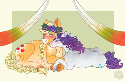 Size: 2450x1584 | Tagged: safe, artist:lycanrosie, applejack, rarity, earth pony, pony, unicorn, g4, blushing, braided tail, colored hooves, curved horn, eyes closed, female, floral head wreath, flower, flower in hair, frog (hoof), horn, lesbian, preggo jack, pregnant, ship:rarijack, shipping, smiling, story included, underhoof, unshorn fetlocks