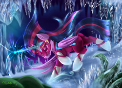 Size: 4500x3250 | Tagged: safe, artist:darksly, twilight sparkle, alicorn, pony, g4, butt, clothes, costume, crystal, ear fluff, female, glowing horn, horn, ice, mare, masked matter-horn costume, open mouth, plot, power ponies, solo, twilight sparkle (alicorn)