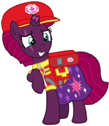 Size: 883x1019 | Tagged: safe, artist:徐詩珮, fizzlepop berrytwist, tempest shadow, pony, unicorn, series:sprglitemplight diary, series:sprglitemplight life jacket days, series:springshadowdrops diary, series:springshadowdrops life jacket days, g4, aid marshall (paw patrol), alternate universe, base used, broken horn, clothes, cute, cutie mark, cutie mark on clothes, dress, eye scar, eyelashes, female, grin, hat, horn, mare, marshall (paw patrol), paw patrol, raised hoof, scar, simple background, smiling, solo, transparent background