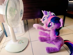Size: 1024x768 | Tagged: safe, artist:nekokevin, starlight glimmer, twilight sparkle, pony, unicorn, series:nekokevin's glimmy, g4, duo, fan, female, hooves in air, irl, looking at something, looking up, mare, open mouth, photo, plushie, ponies in real life, raised hoof, sitting, smiling, unicorn twilight