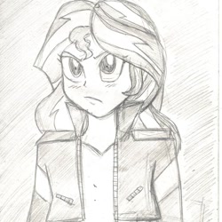 Size: 1038x1038 | Tagged: safe, alternate version, artist:miss_astrid_, sunset shimmer, equestria girls, g4, bust, clothes, female, frown, irl, jacket, lineart, photo, simple background, solo, traditional art, white background
