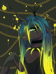 Size: 1536x2048 | Tagged: safe, artist:steffanie-remony, queen chrysalis, changeling, changeling queen, g4, abstract background, clothes, collar, fangs, female, raised hoof, shirt, signature, smiling, solo, spiked collar, t-shirt