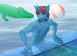 Size: 1300x950 | Tagged: safe, artist:margony, oc, oc only, unicorn, anthro, abs, beach ball, clothes, commission, digital art, horn, male, muscles, partial nudity, pool toy, solo, swimming, topless, water, wet