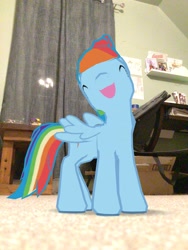 Size: 2456x3272 | Tagged: safe, gameloft, rainbow dash, pony, g4, augmented reality, bedroom, cute, dashabetes, happy, high res, irl, perspective, photo, solo