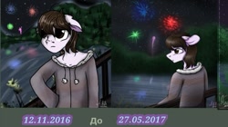 Size: 743x417 | Tagged: safe, artist:loni_ee_, oc, oc only, earth pony, anthro, clothes, comparison, earth pony oc, fireworks, male, night, outdoors, redraw, stars