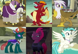 Size: 2202x1536 | Tagged: safe, edit, edited screencap, screencap, garble, gilda, pharynx, tempest shadow, terramar, yigrid, changedling, changeling, dragon, griffon, hippogriff, pony, unicorn, yak, g4, gauntlet of fire, my little pony: the movie, surf and/or turf, the lost treasure of griffonstone, to change a changeling, yakity-sax, cropped, prince pharynx