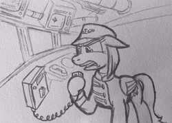 Size: 3148x2251 | Tagged: artist needed, source needed, safe, oc, oc only, oc:red glare, pegasus, pony, fallout equestria, /foe/, clothes, enclave, fanfic art, female, grand pegasus enclave, high res, mare, microphone, monochrome, solo, traditional art, uniform