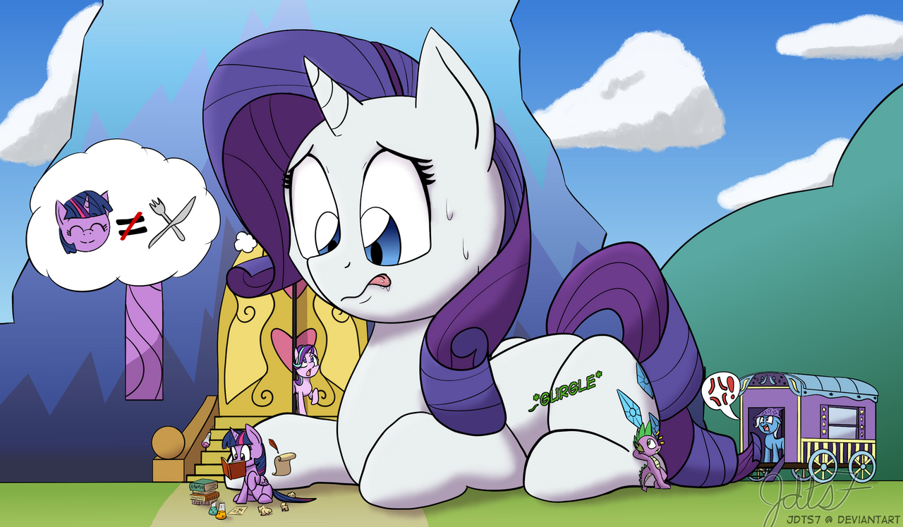 2396681 - safe, artist:ninegates, rarity, spike, starlight glimmer, trixie,  twilight sparkle, alicorn, dragon, pony, unicorn, g4, angry, digital art,  female, giant pony, giant rarity, giant unicorn, giantess, hungry, imminent  vore, macro, male,