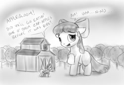 Size: 850x583 | Tagged: safe, artist:alloyrabbit, apple bloom, applejack, earth pony, pony, g4, apple bloom's bow, barn, blatant lies, bow, female, filly, giant pony, hair bow, macro, mare, monochrome, size difference, tree