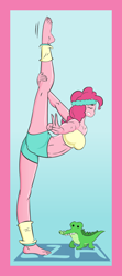 Size: 1200x2700 | Tagged: safe, artist:lzh, gummy, pinkie pie, equestria girls, g4, bandeau, barefoot, belly button, breasts, carpet, clothes, eyes closed, feet, female, flexible, gym uniform, midriff, peace sign, plushie, stretching, sweatband, yoga
