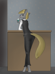 Size: 527x703 | Tagged: safe, artist:queen-razlad, oc, oc only, oc:trestle, anthro, unguligrade anthro, ass, bootie, butt, drinking, looking at you, looking back, male, sipping, solo, thick, waiter
