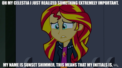 Size: 1280x720 | Tagged: safe, edit, edited screencap, screencap, sunset shimmer, equestria girls, g4, my little pony equestria girls: rainbow rocks, caption, clothes, cutie mark, cutie mark on clothes, door, eyebrows, eyelashes, female, impact font, indoors, jacket, leather jacket, lip bite, meme, runes, shirt, skirt, solo, sweat, t-shirt, teeth, text, text edit