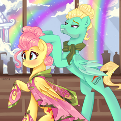 Size: 3000x3000 | Tagged: safe, artist:xjenn9, fluttershy, zephyr breeze, pegasus, pony, g4, alternate hairstyle, brother and sister, clothes, cloud, cute, dress, female, hairpin, high res, male, mare, rainbow, shyabetes, siblings, stallion