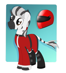 Size: 1699x1862 | Tagged: safe, artist:dyonys, oc, oc:nik, zebra, biker, clothes, cutie mark, helmet, male, simple background, stallion, transparent background