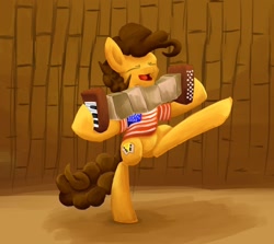 Size: 1280x1140 | Tagged: safe, artist:khaki-cap, cheese sandwich, earth pony, pony, g4, accordion, american flag, clothes, dancing, funny, male, musical instrument, please don't nuke us north korea, puffy mane, shirt, silly, singing, solo, song, song reference, t-shirt, weird al cheese sandwich, weird al yankovic