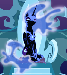 Size: 1660x1854 | Tagged: safe, artist:jakescribbles, edit, nightmare moon, alicorn, pony, g4, the cutie re-mark, alternate timeline, cropped, ethereal mane, evil grin, female, grin, helmet, hoof shoes, nightmare takeover timeline, peytral, sitting, smiling, smug, solo, throne