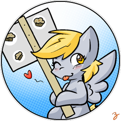 Size: 648x647 | Tagged: safe, artist:zutcha, derpy hooves, pegasus, pony, g4, cute, derpabetes, female, food, heart, mare, muffin, one eye closed, sign, signature, simple background, solo, sticker, tongue out, transparent background, wink