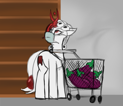 Size: 819x703 | Tagged: safe, artist:queen-razlad, oc, oc only, oc:razlad, cutie mark, eggplant, face mask, food, helix horn, herbivore, horn, looking up, shelf, shopping cart