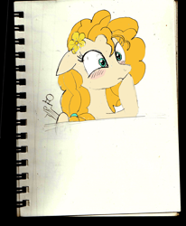 Size: 2088x2528 | Tagged: safe, artist:deluxeflame, pear butter, earth pony, pony, g4, digitally colored, embarrassed, female, high res, sketch, solo