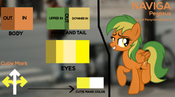 Size: 1440x800 | Tagged: safe, artist:parclytaxel, artist:ponyrailartist, oc, oc only, oc:naviga, pegasus, pony, looking at you, pegasus oc, reference sheet, show accurate, walking, wings