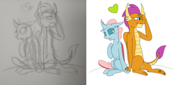 Size: 5968x2920 | Tagged: safe, artist:leeloo, ocellus, smolder, changeling, dragon, g4, blushing, comparison, duo, female, heart, holding hands, lesbian, love, ship:smolcellus, shipping, simple background, sketch, traditional art, white background