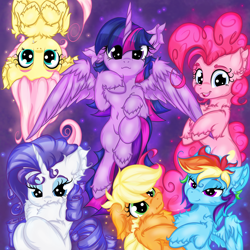 Size: 3000x3000 | Tagged: safe, artist:rurihal, applejack, fluttershy, pinkie pie, rainbow dash, rarity, twilight sparkle, alicorn, earth pony, pegasus, pony, unicorn, g4, abstract background, chest fluff, ear fluff, high res, hoof fluff, mane six, twilight sparkle (alicorn)