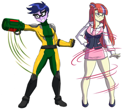Size: 3289x2854 | Tagged: safe, artist:danmakuman, microchips, moondancer, human, equestria girls, g4, clothes, crack shipping, cute, equestria girls-ified, female, glasses, high heels, high res, legs, male, mega man, mega man (series), miniskirt, moe, moonchips, shipping, shoes, simple background, skirt, skirt suit, straight, suit, white background