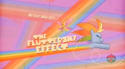 Size: 1667x927 | Tagged: safe, screencap, rainbow dash, butterfly, pegasus, pony, g4.5, my little pony: pony life, the fluttershy effect, eyes closed, female, flying, mare, multicolored hair, rainbow hair, rainbow trail, smiling, text, title card, treehouse logo