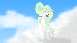 Size: 3840x2160 | Tagged: safe, artist:astralr, vapor trail, pegasus, pony, g4, blushing, cloud, cute, female, high res, looking at you, mare, sitting, sky, solo, vaporbetes