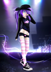 Size: 1410x2000 | Tagged: safe, artist:lexifyrestar, oc, oc:lexi fyrestar, human, belly button, candy, cap, clothes, club, converse, food, gloves, hat, hoodie, humanized, lollipop, midriff, shoes, shorts, socks, stockings, striped socks, thigh highs