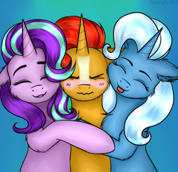 Size: 2650x2550 | Tagged: safe, artist:darklight1315, starlight glimmer, sunburst, trixie, pony, unicorn, g4, abstract background, bisexual, blushing, chest fluff, cute, ear fluff, eyes closed, female, harem, high res, hug, lesbian, love triangle, lucky bastard, male, ot3, polyamory, ship:startrixburst, shipping, simple background, smiling, straight, sunburst gets all the mares