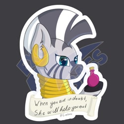 Size: 2000x2000 | Tagged: safe, artist:exobass, zecora, zebra, g4, ear piercing, earring, gray background, high res, jewelry, piercing, potion, simple background, sticker, white outline