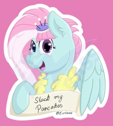 Size: 903x1007 | Tagged: safe, artist:exobass, kerfuffle, pegasus, pony, g4, clothes, cute, ear fluff, female, fufflebetes, happy, looking at you, mare, pincushion, pink background, scroll, simple background, sticker, vest, white outline