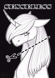 Size: 1527x2160 | Tagged: safe, artist:chrystal_company, oc, oc only, oc:nightmare chrystal, pony, unicorn, black background, bust, crying, curved horn, horn, implied decapitation, inktober, inktober 2019, scissors, simple background, solo, unicorn oc