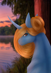 Size: 3307x4677 | Tagged: safe, artist:chrystal_company, oc, oc only, pony, unicorn, bust, horn, lake, looking back, outdoors, solo, tree, unicorn oc