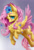 Size: 838x1222 | Tagged: dead source, safe, artist:makkah, fluttershy, butterfly, pegasus, pony, g4, chest fluff, cute, ear fluff, female, flower, flower in hair, gradient background, looking at you, mare, shoulder feathers, shyabetes, smiling, solo, spread wings, three quarter view, two toned wings, unshorn fetlocks, wings